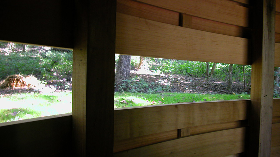 Birdblind, 2003, Philadelphia, PA. Detail image.
Cedar and stainless steel on concrete pad. Height: 9′ 8 1/4″; Width: 19′ 3 5/16″; Depth: 9′ 5″